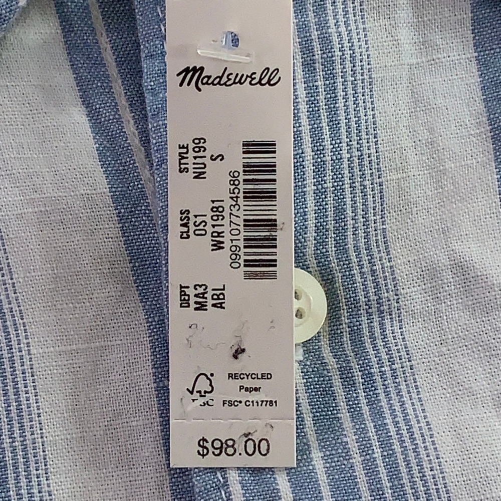 Madewell Mens Small Blue Striped Linen Cotton Short Sleeve Button Up Shirt NWT - Picture 3 of 10